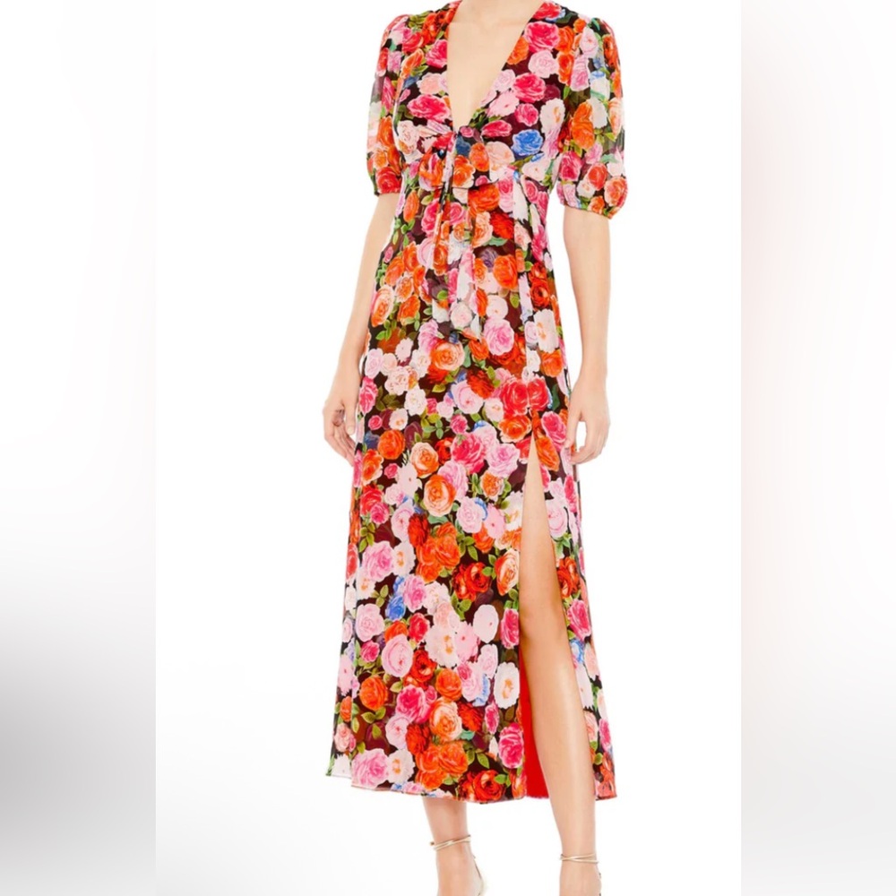 NWT Mac Duggal Sz 2 Multicolored Floral Print Tie Front Midi High Slit 55626